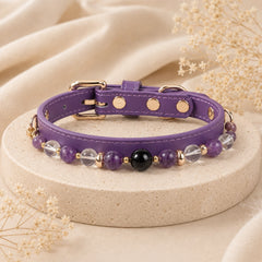 Purple amethyst and clear quartz crystal dog collar with a black obsidian center bead