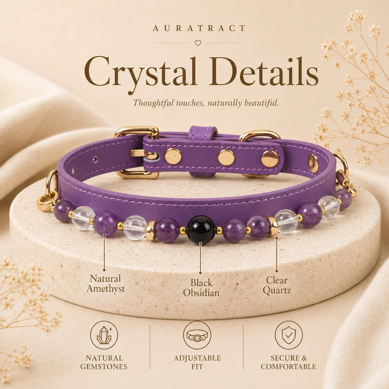 Purple crystal dog collar showing natural amethyst, clear quartz and black obsidian beads