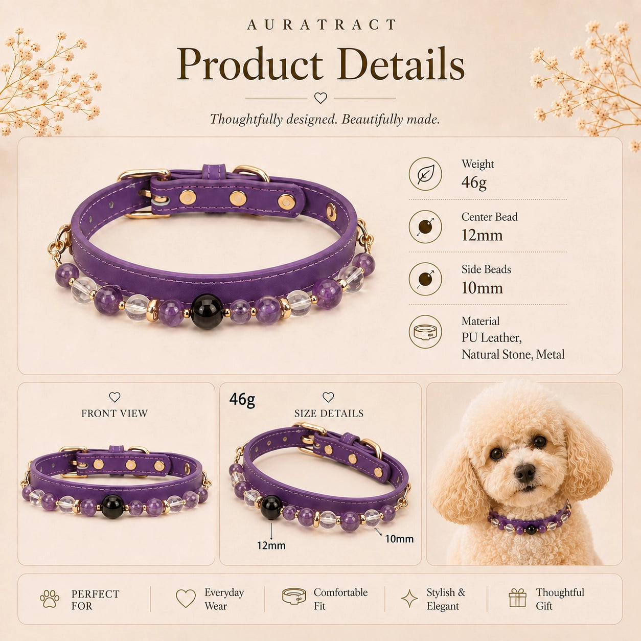 Amethyst and clear quartz dog collar showing 46 g weight, 12 mm center bead and 10 mm side beads