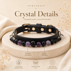 Natural amethyst and black obsidian bead details on adjustable dog collar