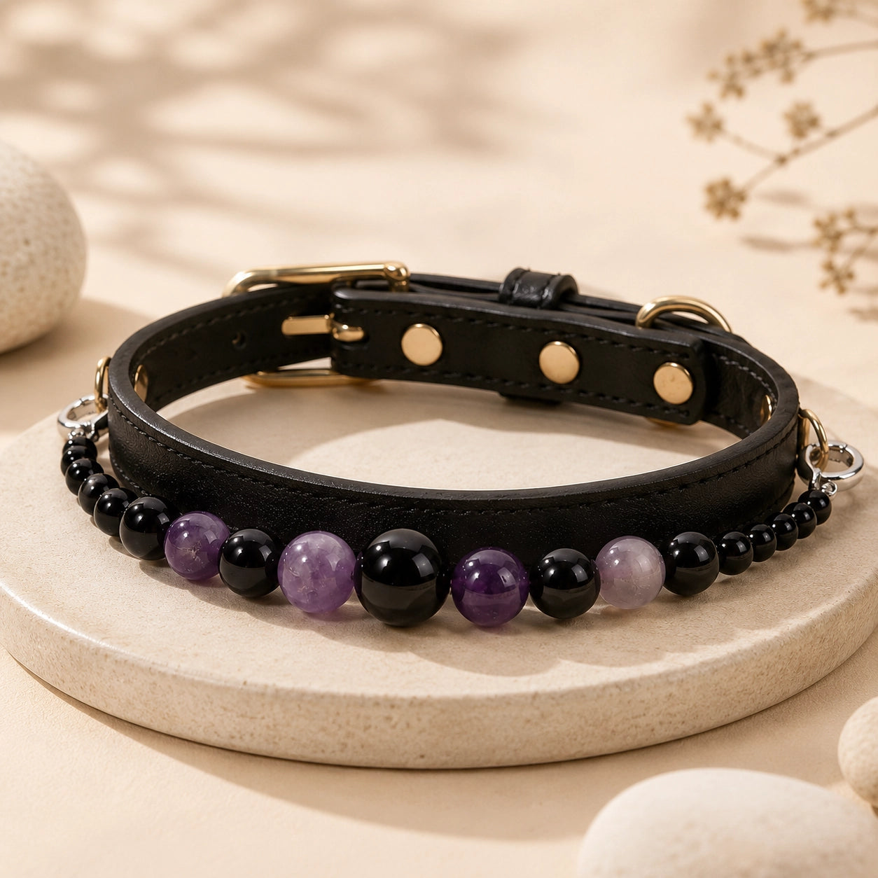 Black dog collar with natural amethyst and black obsidian beads