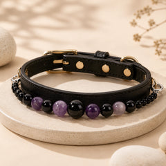Black dog collar with natural amethyst and black obsidian beads