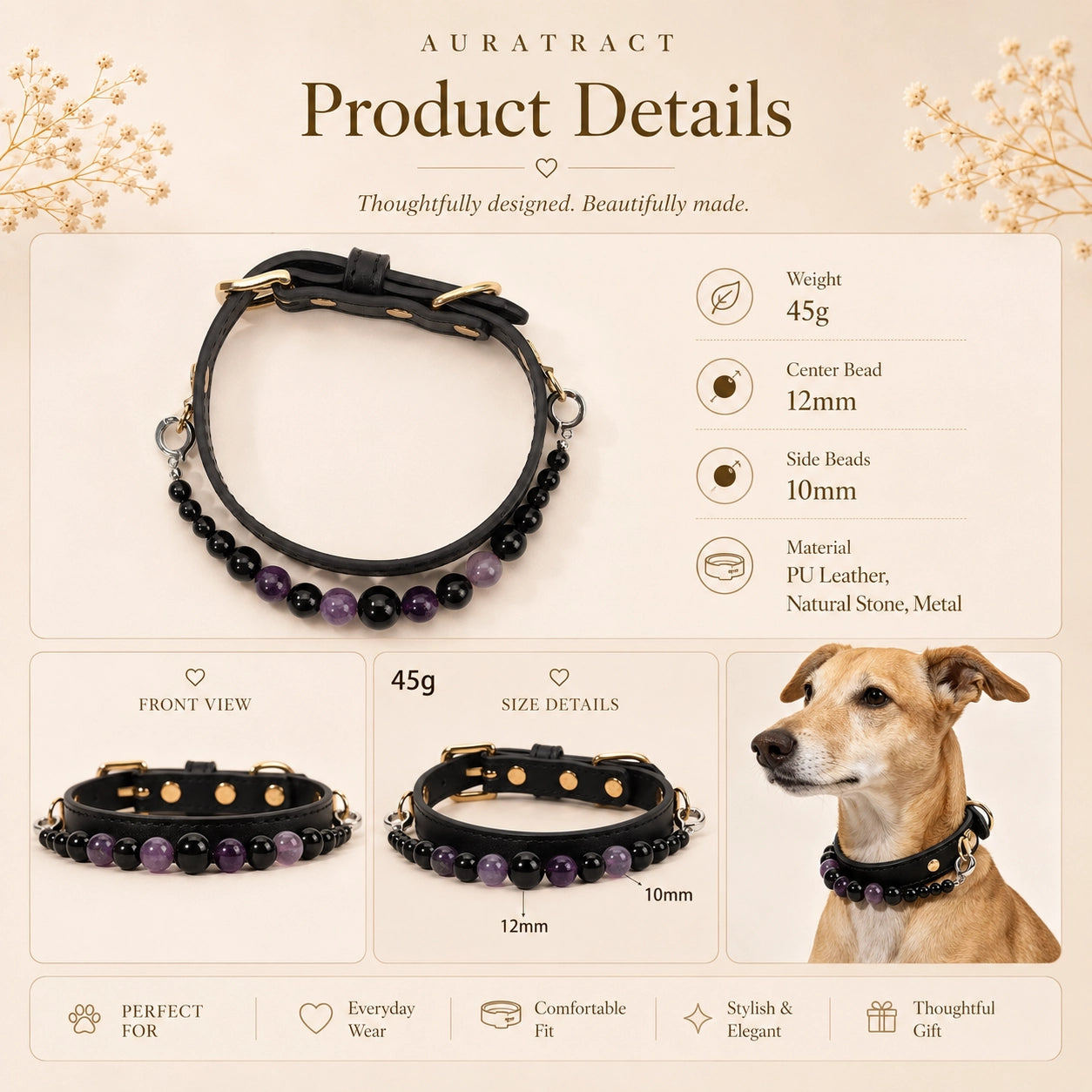 Amethyst obsidian dog collar showing 45 g weight and 10 mm and 12 mm beads