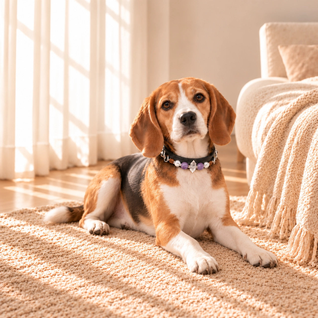 Beagle reclining on a soft cream rug wearing the black crystal dog collar with purple amethyst beads