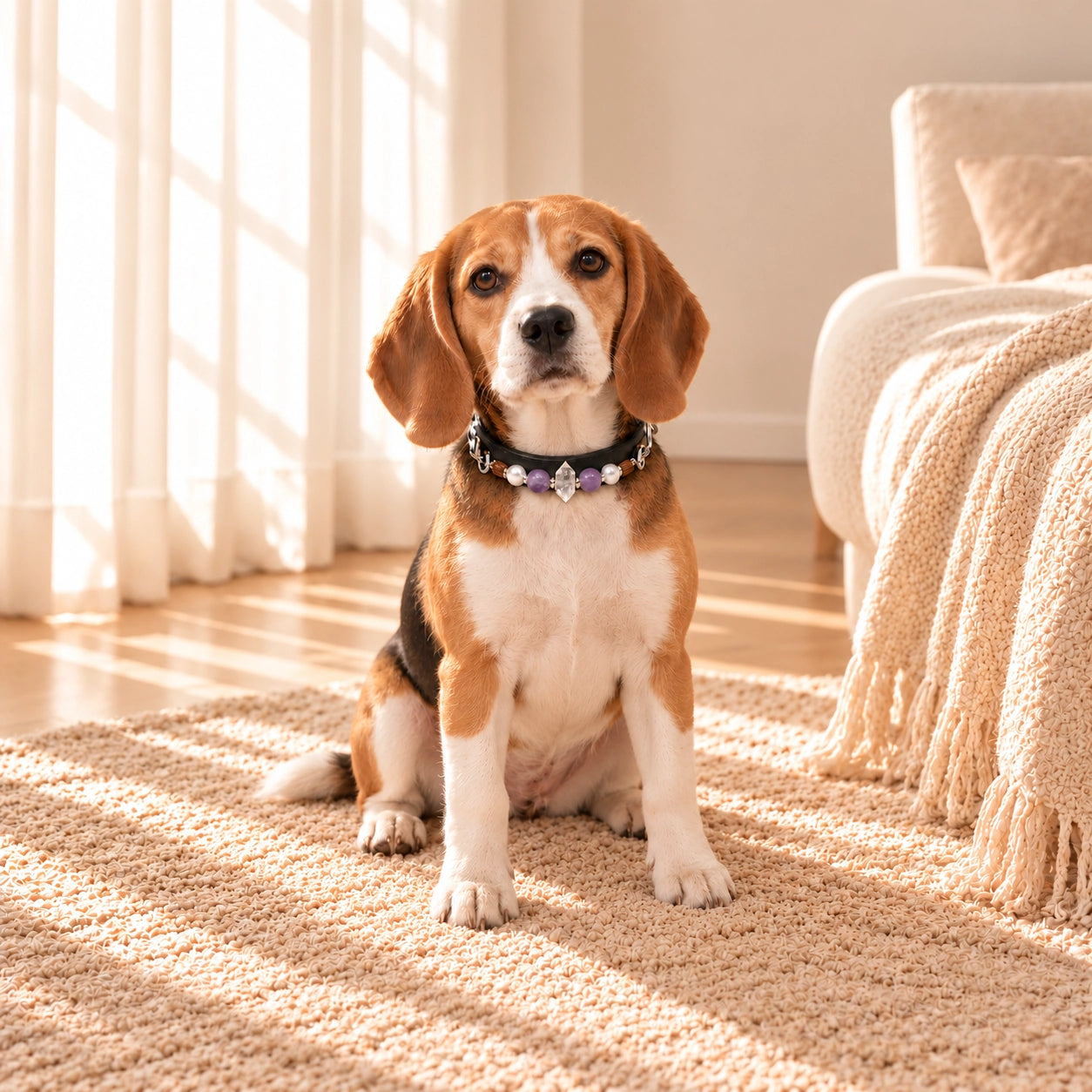 Front view of a beagle wearing a black adjustable dog collar with purple amethyst and clear quartz crystals