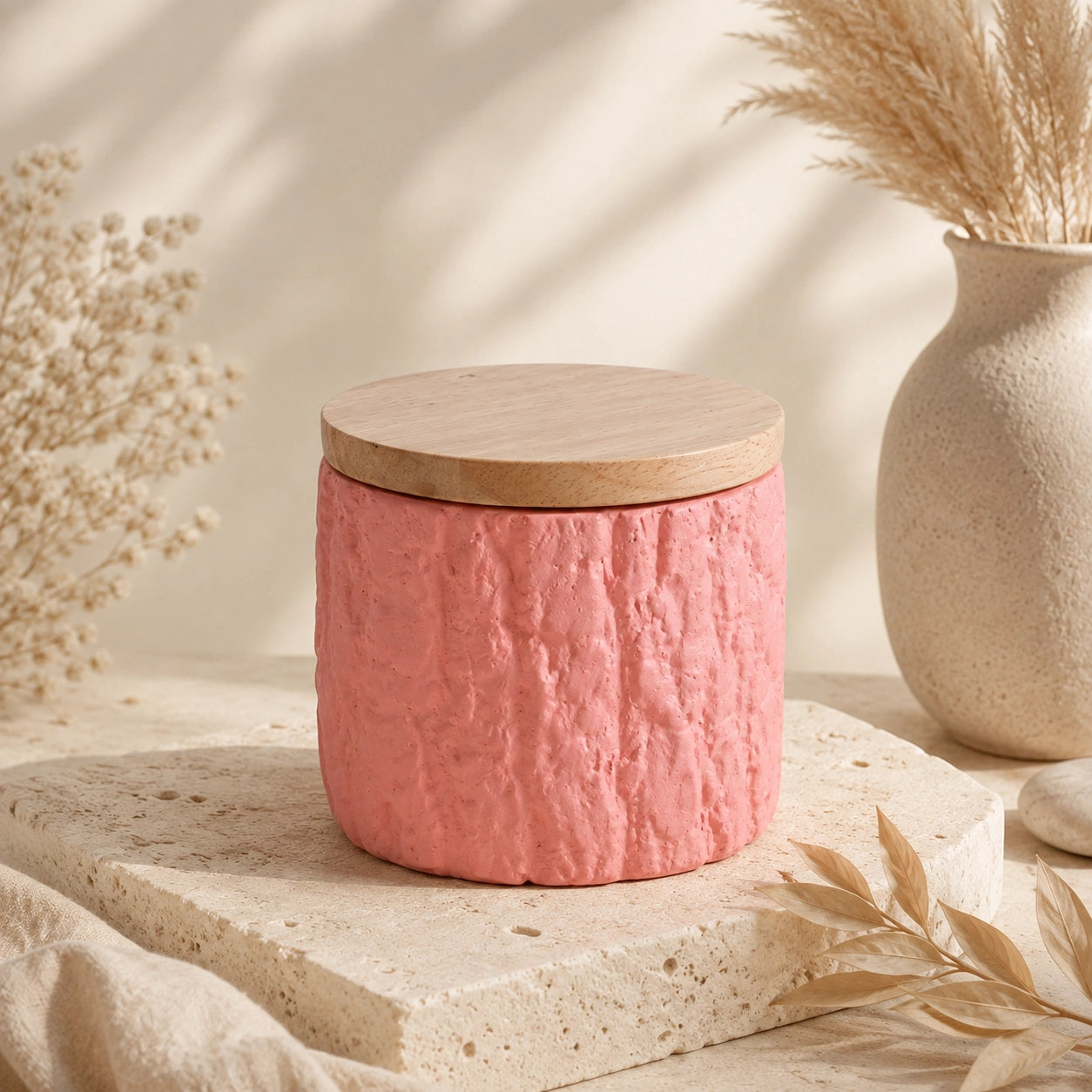 Blush pink textured keepsake pet urn with natural bamboo lid