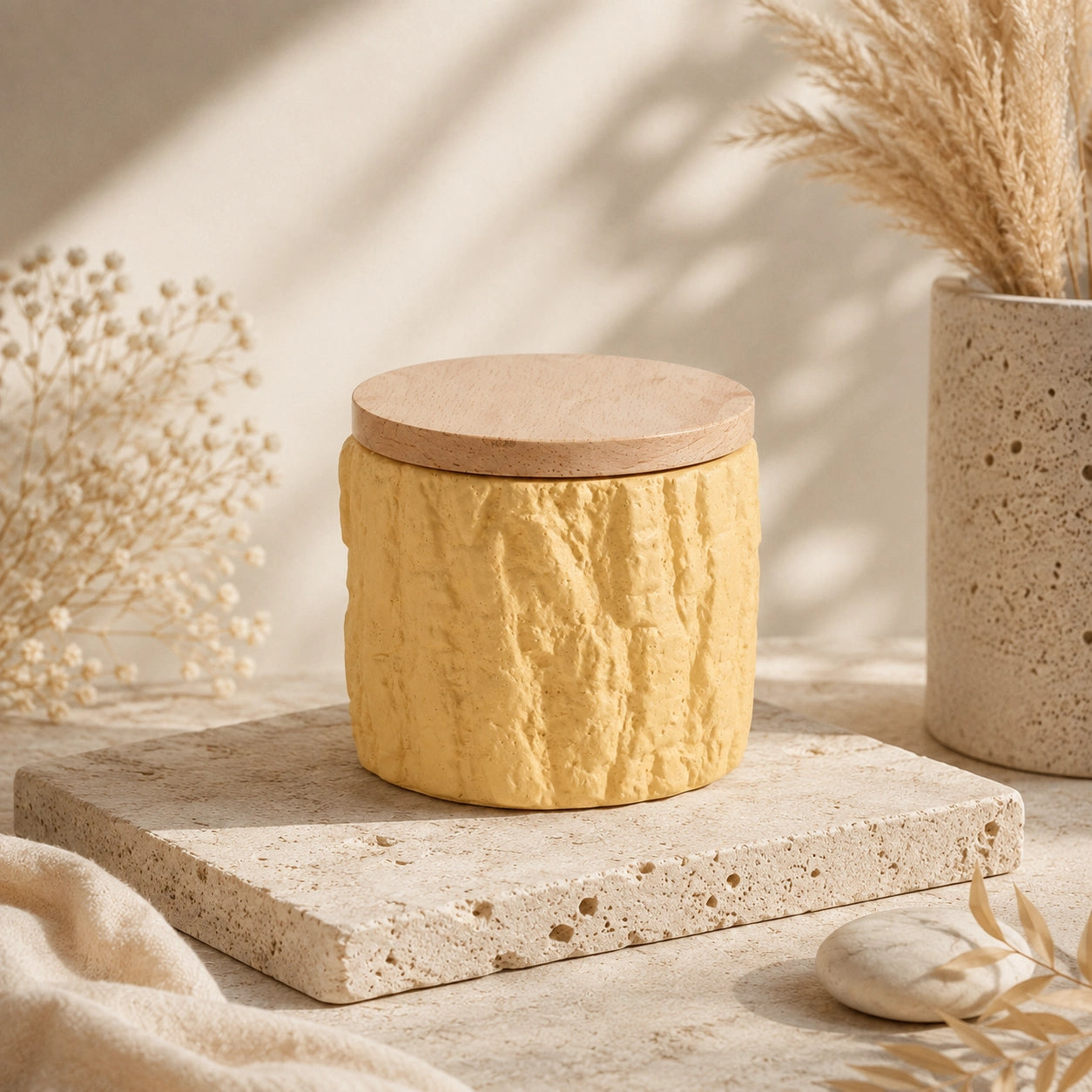 Butter yellow textured keepsake pet urn with natural bamboo lid