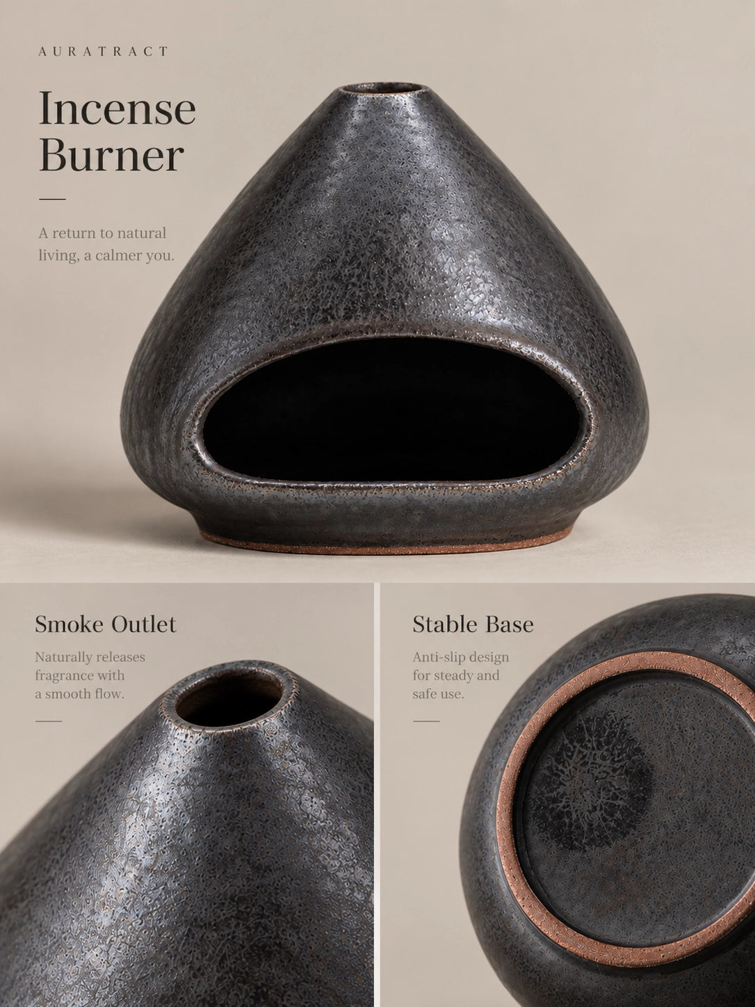 Fired Earth Brown ceramic incense burner detail showing top smoke outlet and stable base