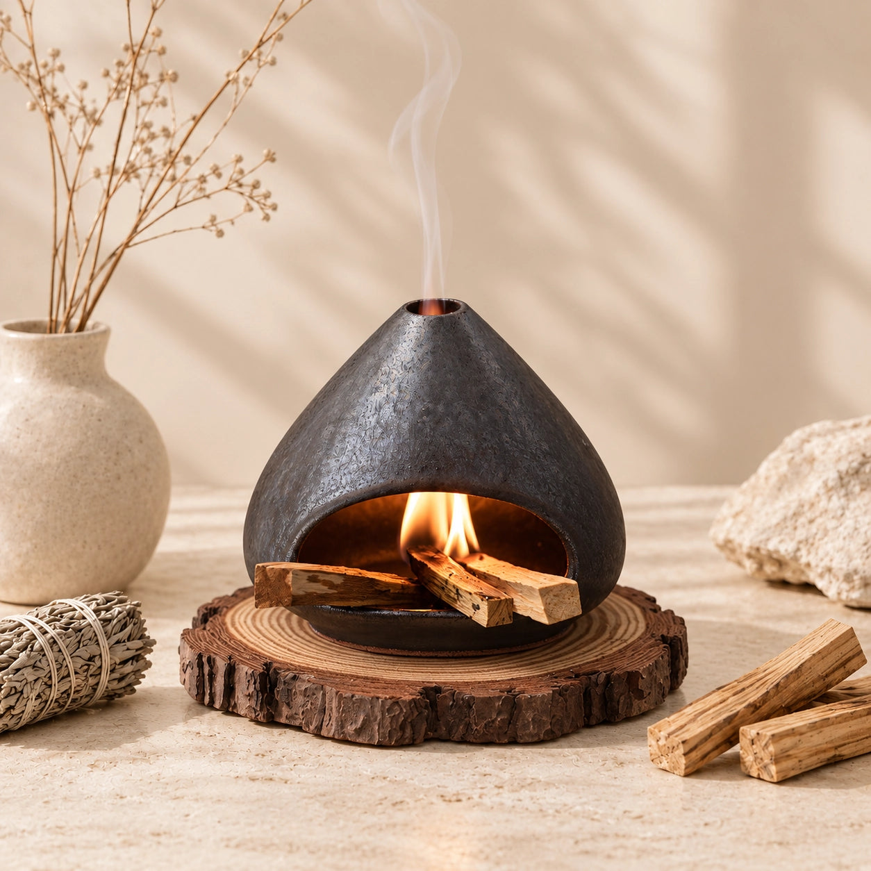 Fired Earth Brown ceramic sage and Palo Santo burner with sage bundle and wood sticks in a neutral home