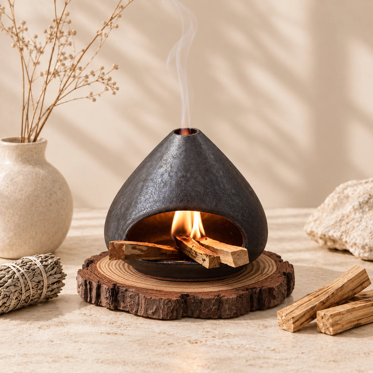 Fired Earth Brown ceramic sage and Palo Santo burner with sage bundle and wood sticks in a neutral home