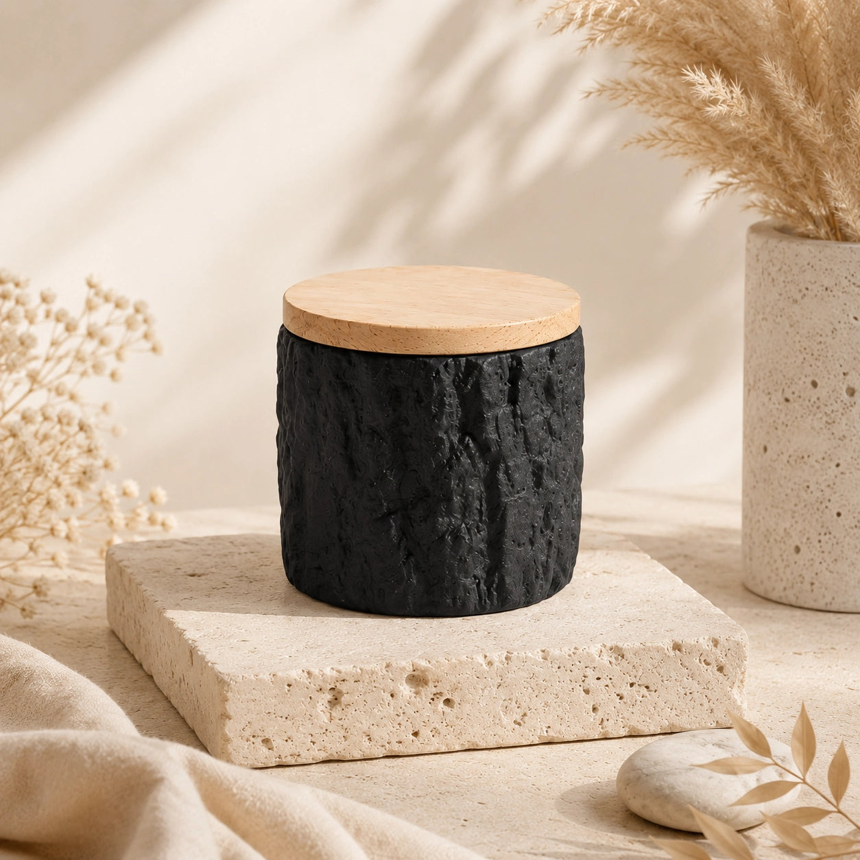 Charcoal black textured keepsake pet urn with natural bamboo lid