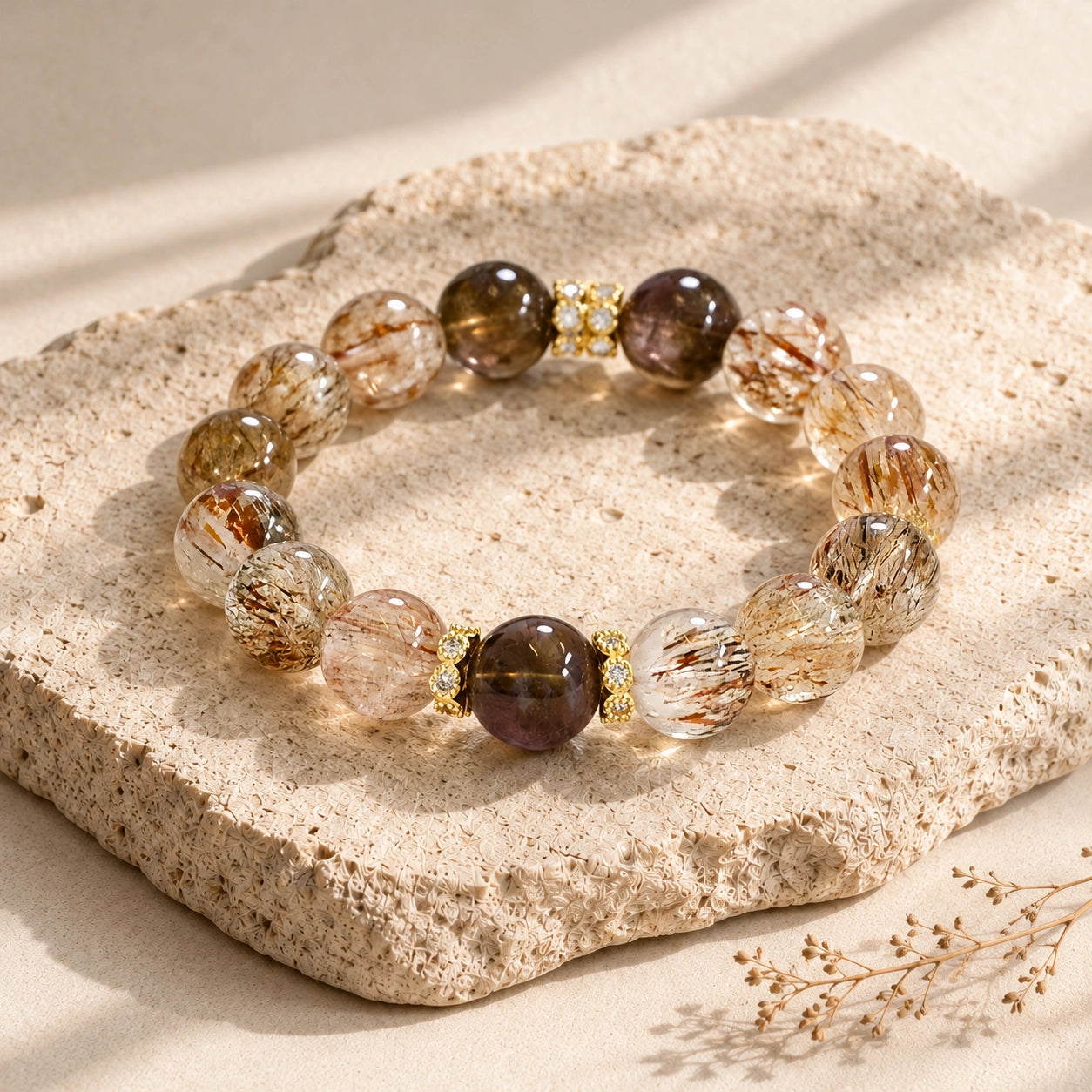 Angled view of smoky quartz and black gold rutilated quartz bracelet on a textured ivory stone slab