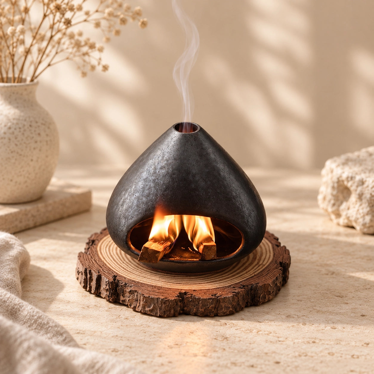 Fired Earth Brown ceramic Palo Santo burner with visible flame and soft smoke on a natural wood slice