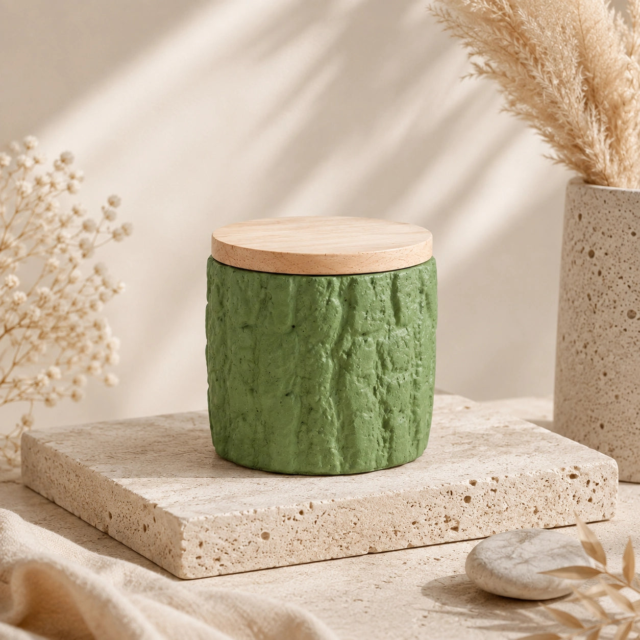 Moss green textured keepsake pet urn with natural bamboo lid