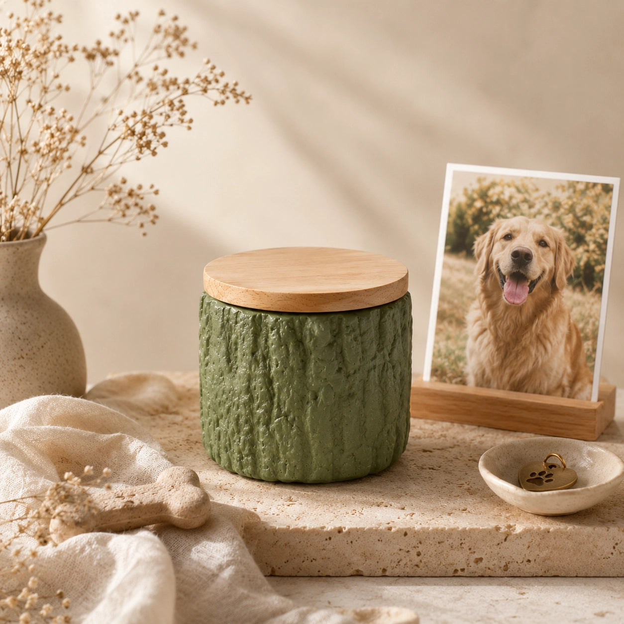 Moss green keepsake pet urn displayed with a golden retriever photo, bone keepsake and paw print tag