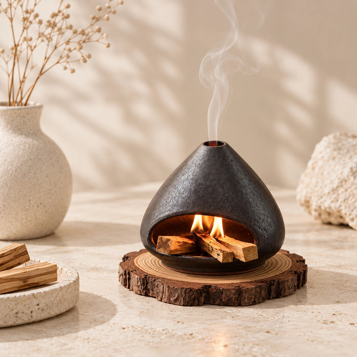 Fired Earth Brown ceramic Palo Santo burner styled on a wood slice in a warm neutral meditation space