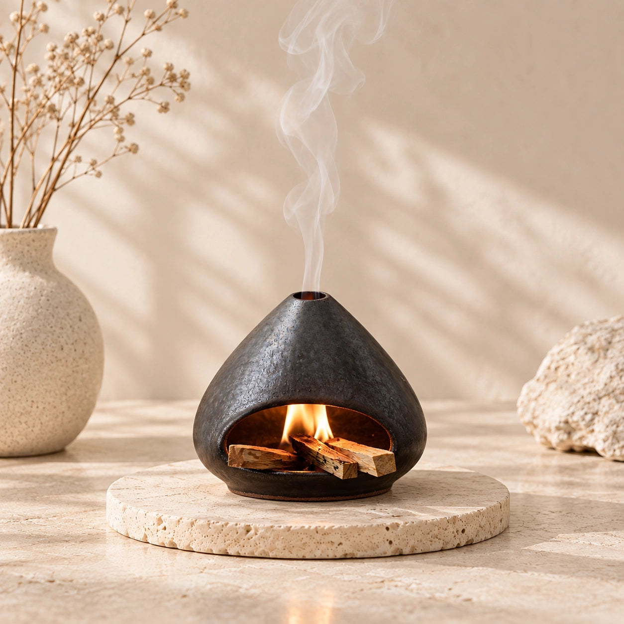 Fired Earth Brown ceramic Palo Santo and sage burner on a light stone tray with smoke rising from the top outlet