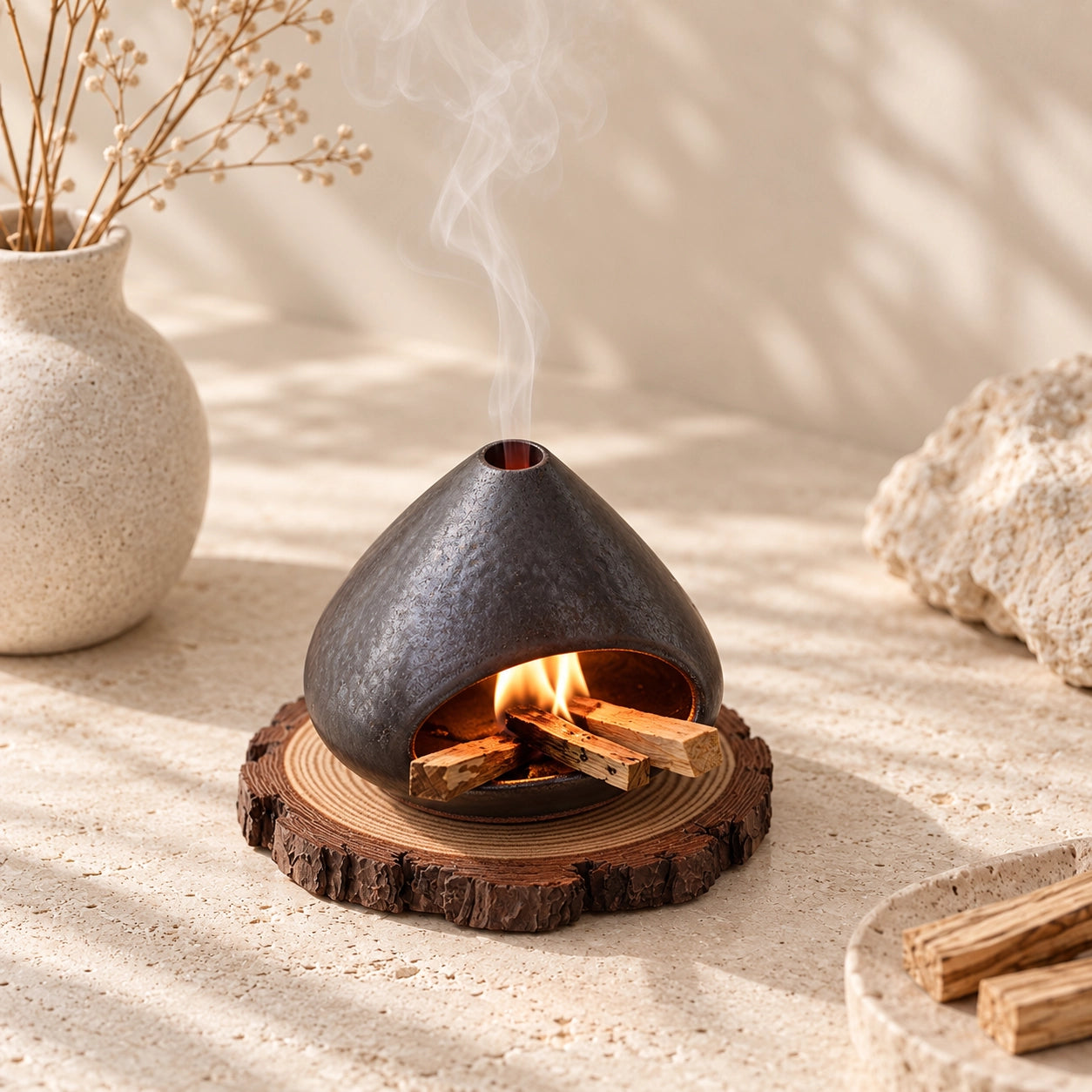 Fired Earth Brown ceramic Palo Santo and sage burner in a warm Wabi-Sabi interior with Palo Santo sticks