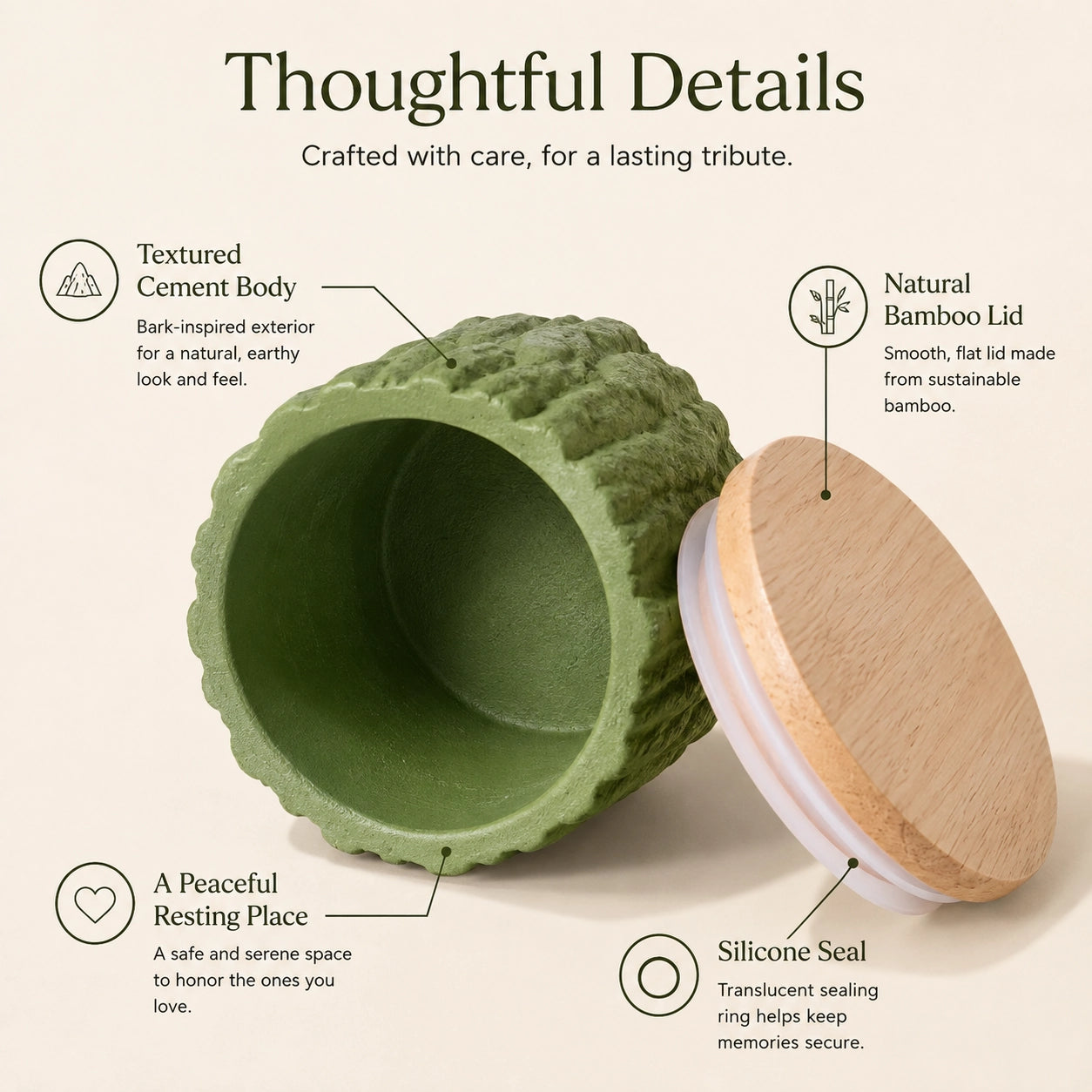 Open moss green keepsake pet urn showing textured cement body, bamboo lid and silicone sealing ring