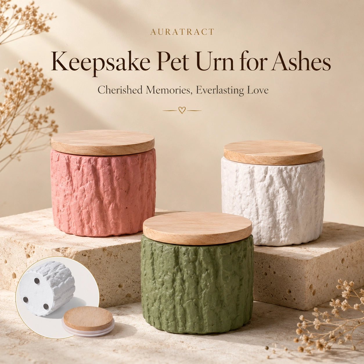 Blush pink, soft white and moss green keepsake pet urns with bamboo lids and silicone seal detail