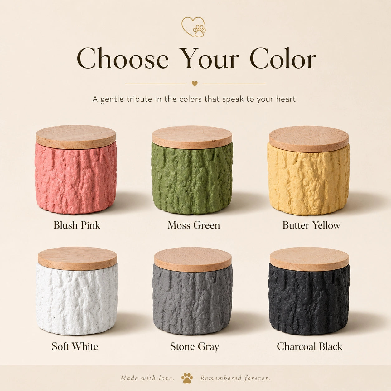 Six keepsake pet urn color options in blush pink, moss green, butter yellow, soft white, stone gray and charcoal black