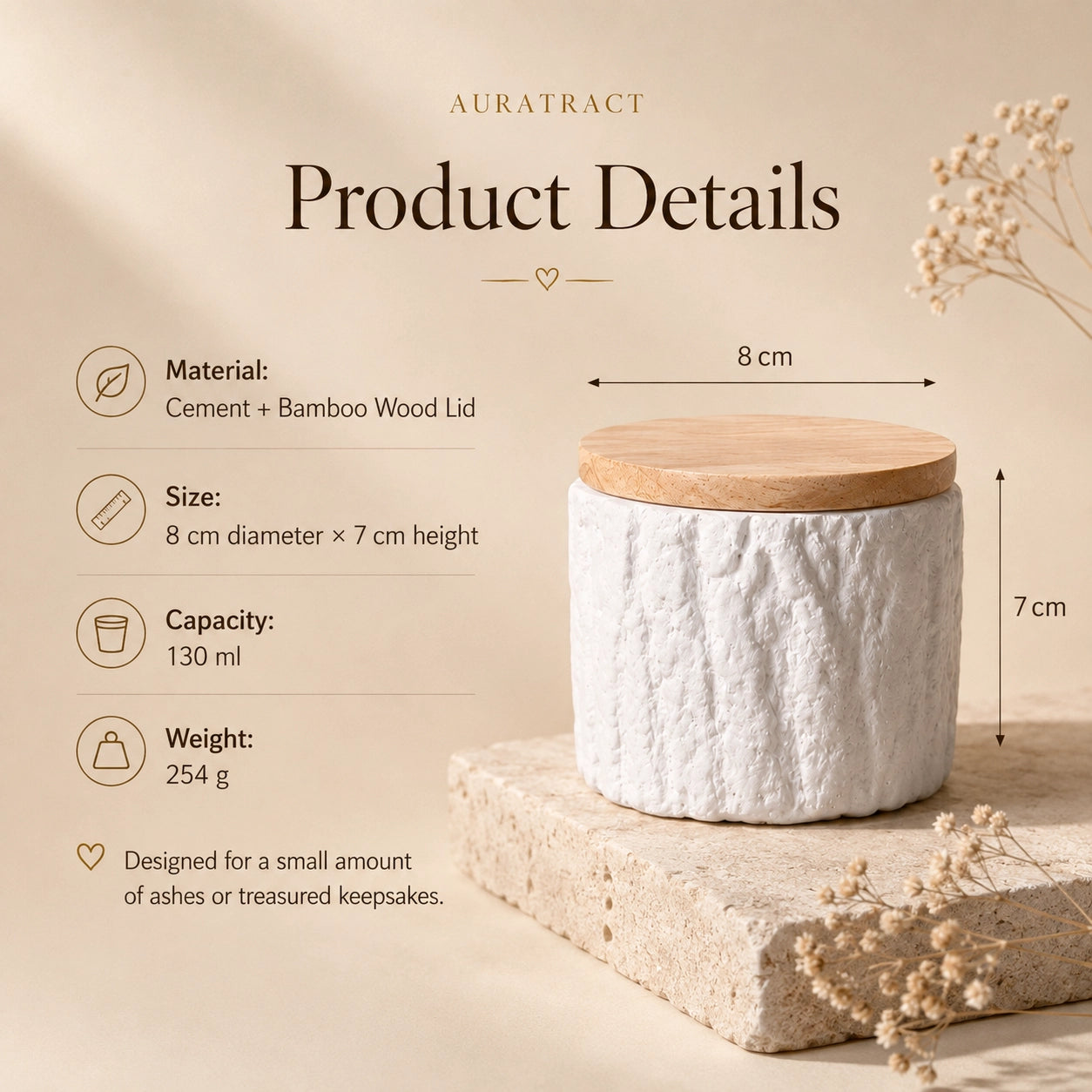 Soft white keepsake pet urn product details with 130 ml capacity and 8 by 7 cm dimensions