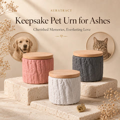 Blush pink, stone gray and soft white keepsake pet urns displayed with framed dog and cat portraits