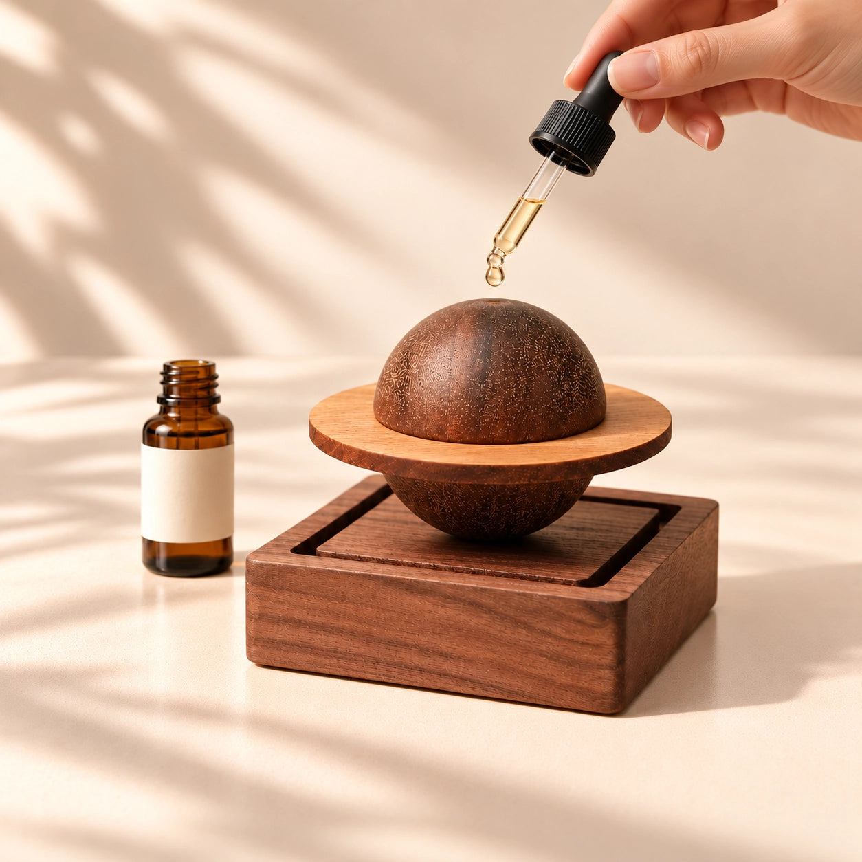 Glass dropper applying essential oil onto the Saturn-shaped wooden aroma diffuser