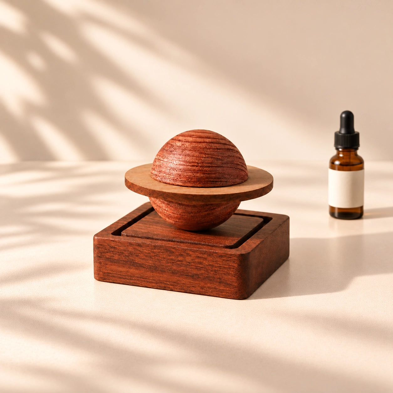 Saturn wooden aroma diffuser displayed beside an amber essential oil dropper bottle