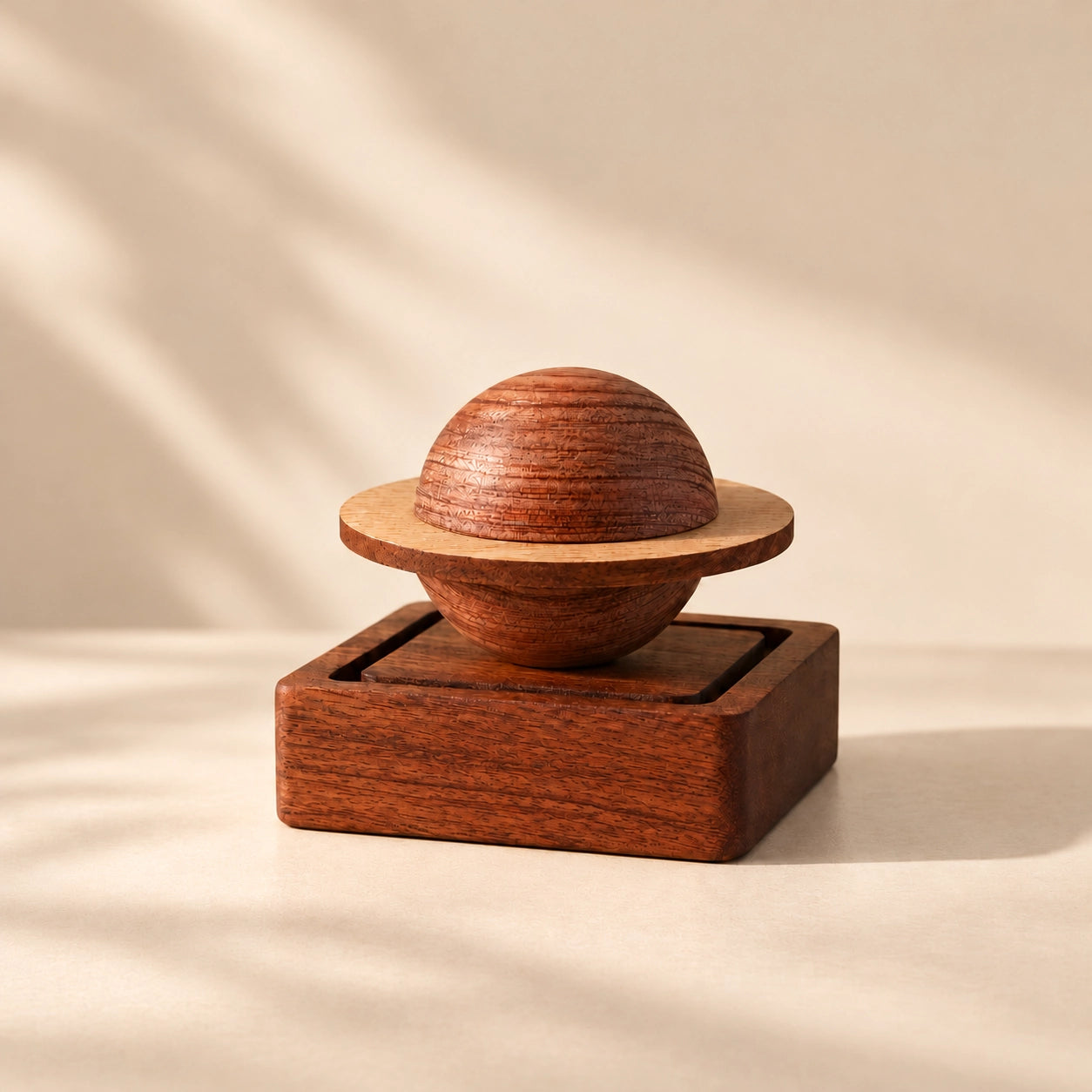 Natural wood Saturn diffuser showing the circular ring, wooden sphere and geometric base