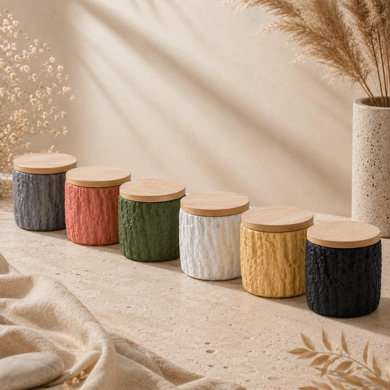 Six pet urn colors arranged in a row with textured cement bodies and natural bamboo lids