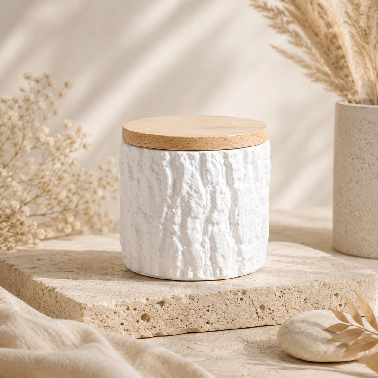 Soft white textured keepsake pet urn with natural bamboo lid