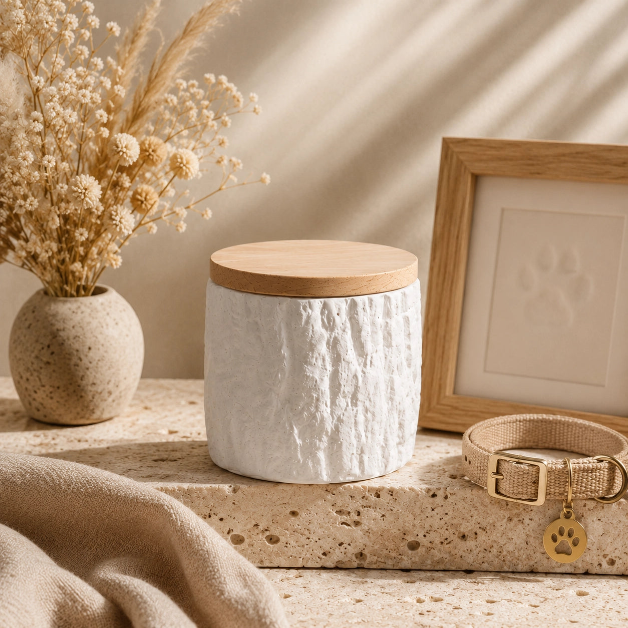 Soft white pet urn with bamboo lid beside a pet collar and photo frame in a warm memorial setting