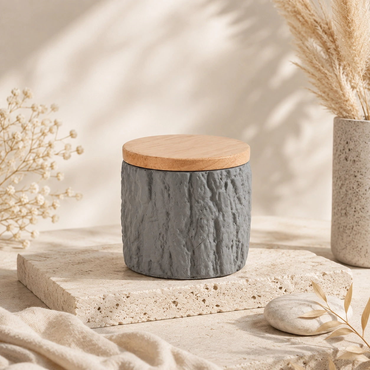 Stone gray textured keepsake pet urn with natural bamboo lid