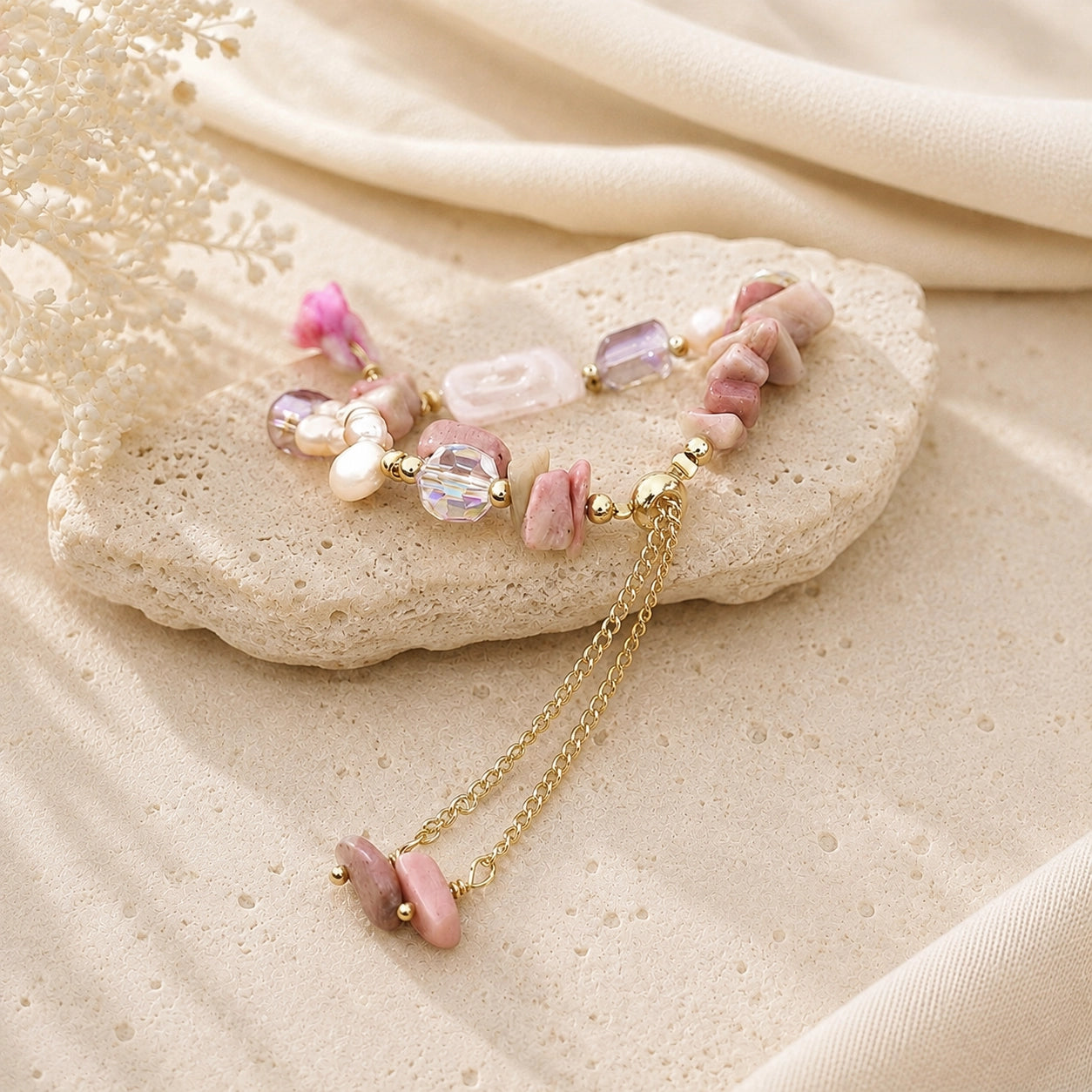 Adjustable rhodonite and freshwater pearl bracelet showing its gold-tone extender chain and stone bead ends