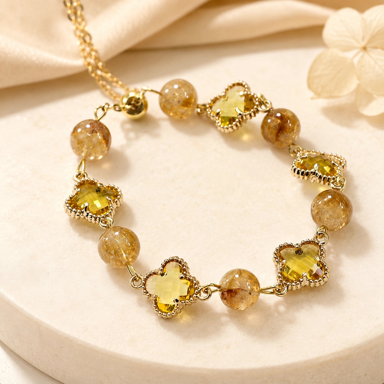 Citrine clover bracelet shown at its full adjustable length