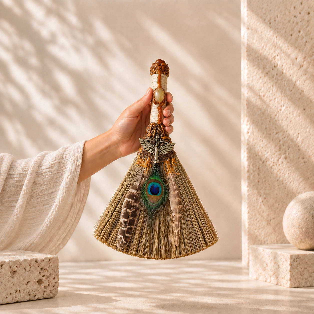 Handmade Citrine peacock feather witch broom styled in a warm neutral setting