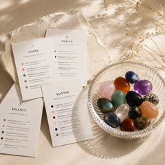 Four natural healing crystal sets for calm, balance, vitality and focus with polished stones displayed in a glass bowl