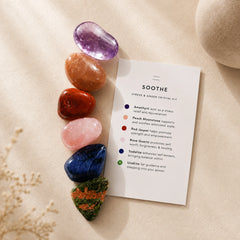 Calming crystal set with amethyst, peach moonstone, red jasper, rose quartz, sodalite and unakite