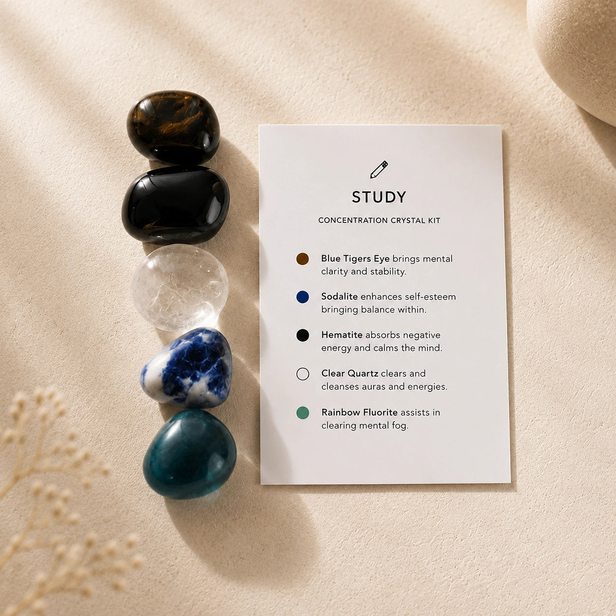 Focus crystal set with blue tiger’s eye, sodalite, hematite, clear quartz and rainbow fluorite for study intentions