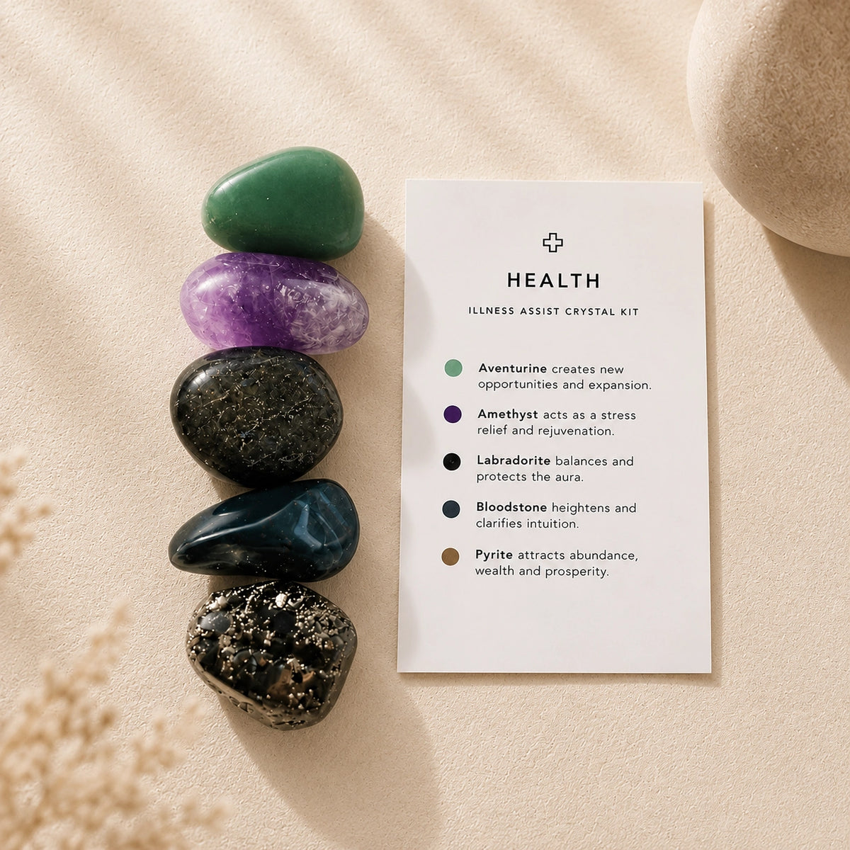 Natural healing crystal set with green aventurine, amethyst, labradorite, bloodstone and pyrite for vitality intentions