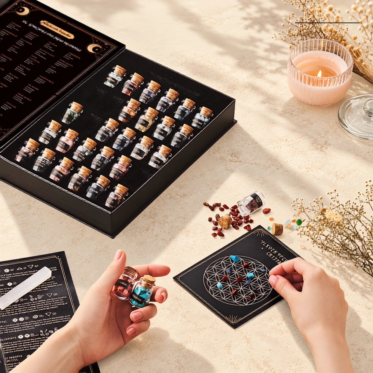 Hands creating a mini crystal grid at home with gemstones on the Flower of Life grid beside the Crystal Starter Kit