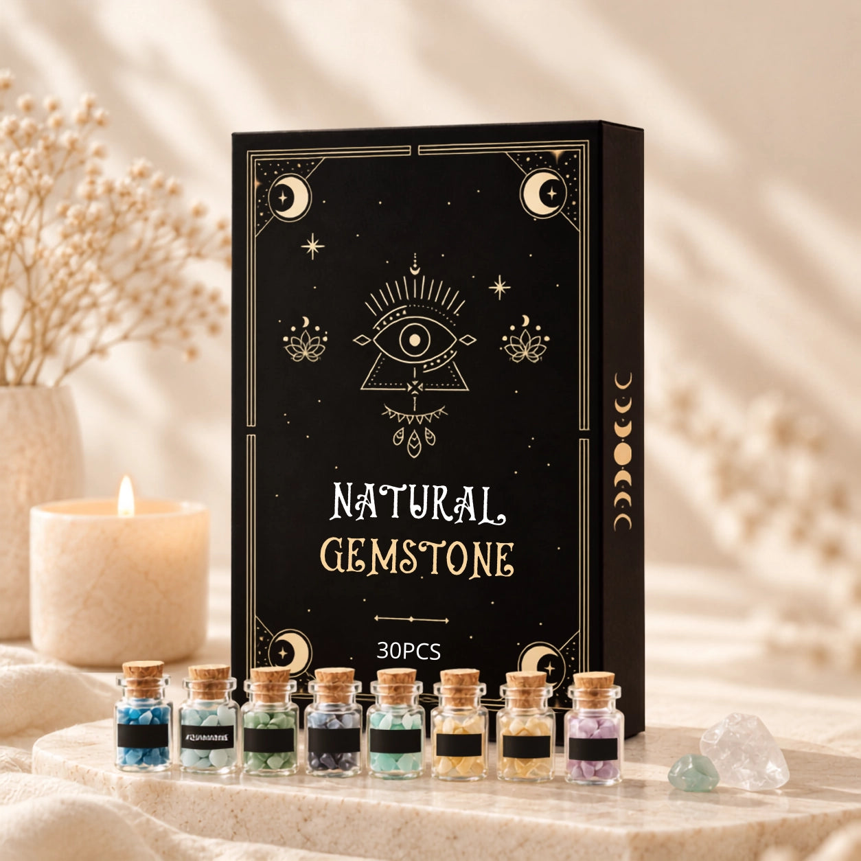 Crystal Starter Kit contents overview with 30 labeled mini gemstone bottles, Flower of Life grid, selenite stick and crystal guide