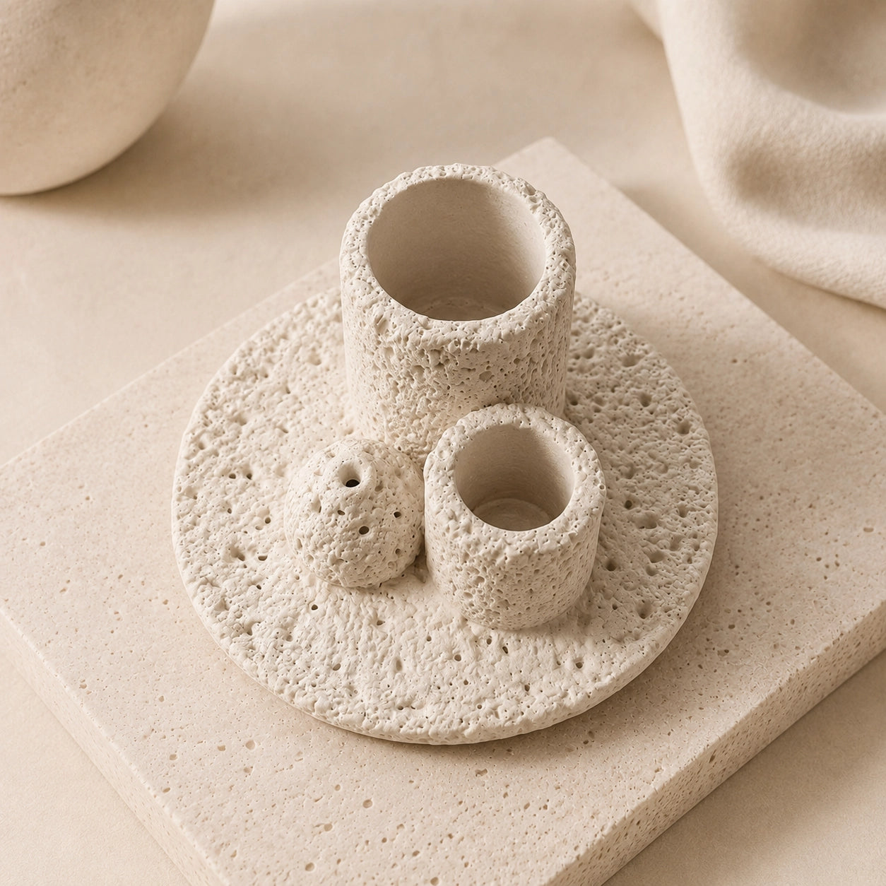 Textured white concrete cleansing burner with integrated sage, Palo Santo and incense holders