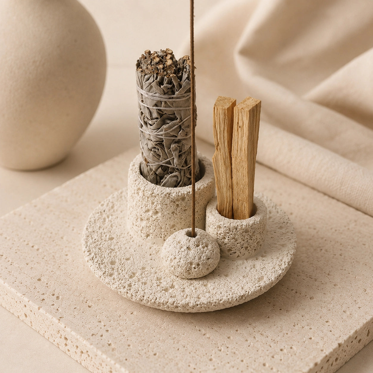 White concrete smudge bowl arranged with sage bundle, Palo Santo sticks and incense