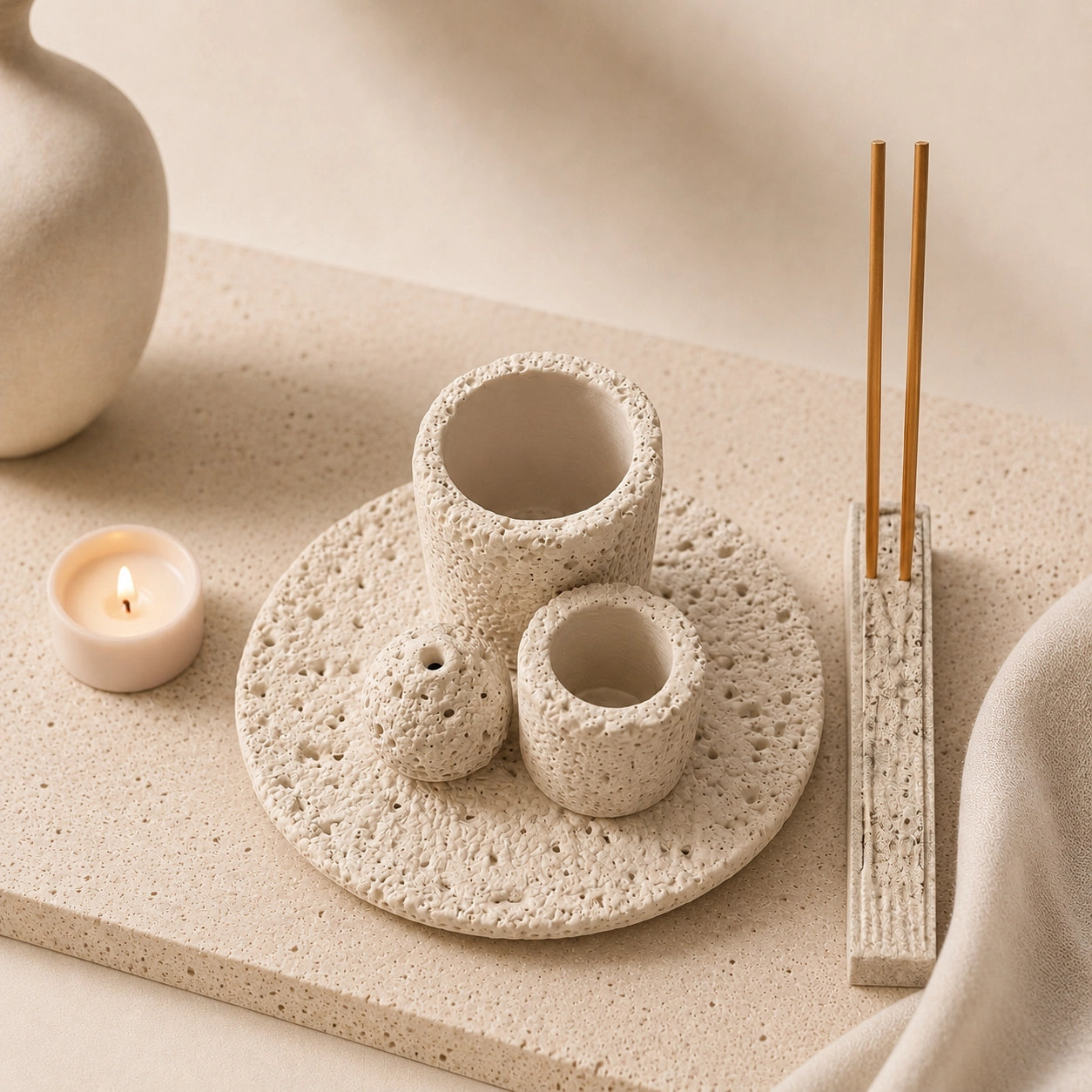 White concrete cleansing burner styled with candle and incense in a minimalist meditation space