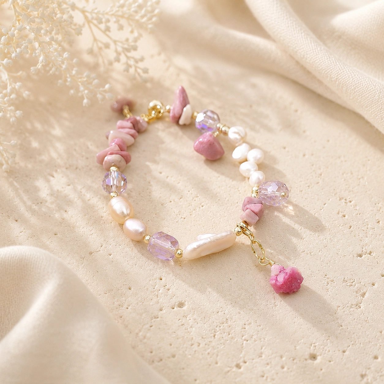 Pink rhodonite and baroque pearl bracelet with faceted purple accents on cream fabric