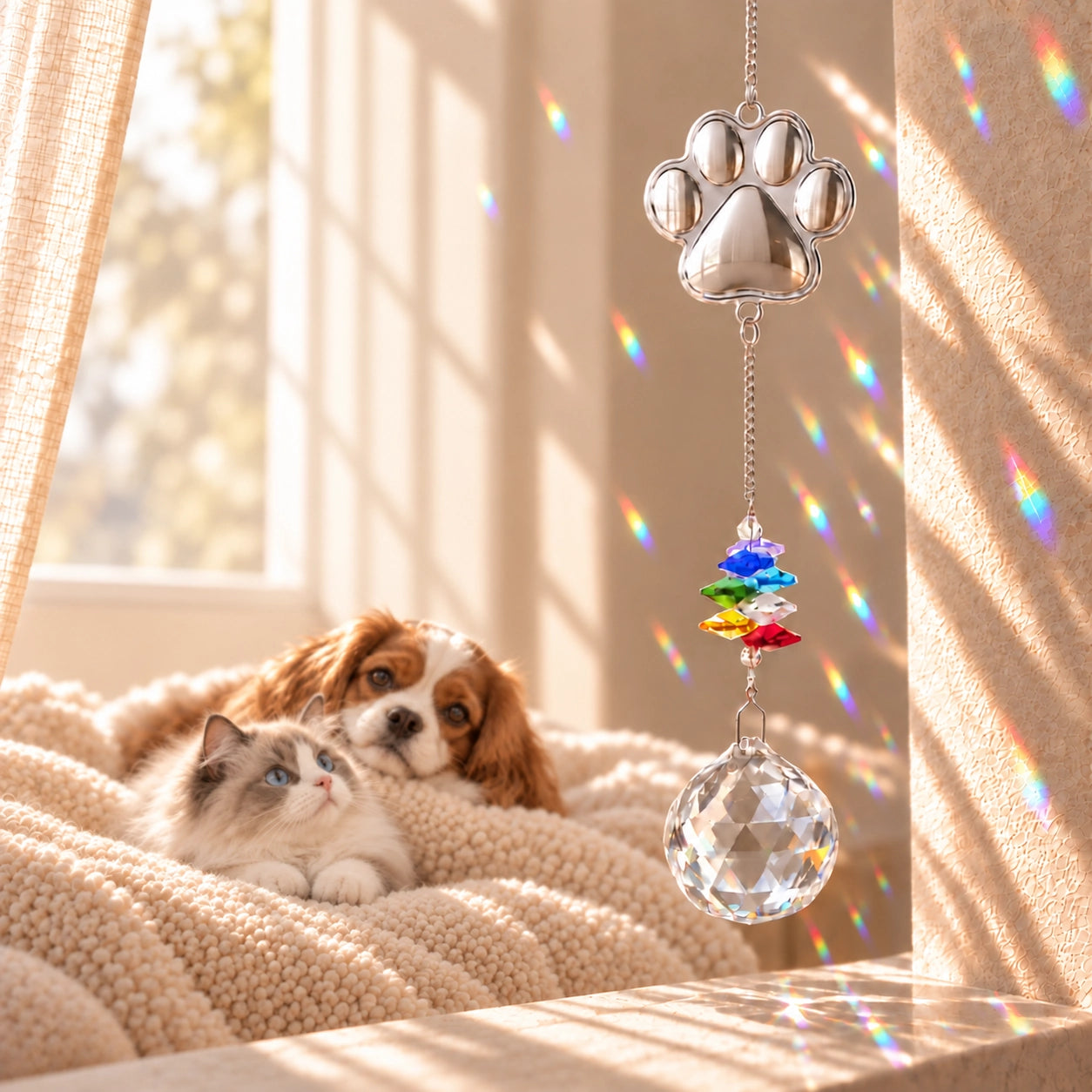 Silver pet paw print suncatcher with colorful crystal beads and a clear faceted hanging prism, casting rainbow reflections beside a resting dog and cat in a warm ivory room.