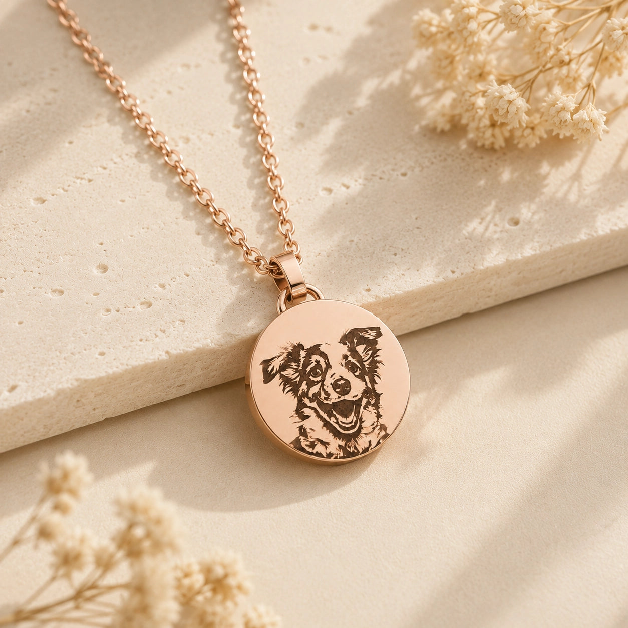 Rose gold personalized dog portrait keepsake necklace with custom engraved pet image on a round stainless steel locket.