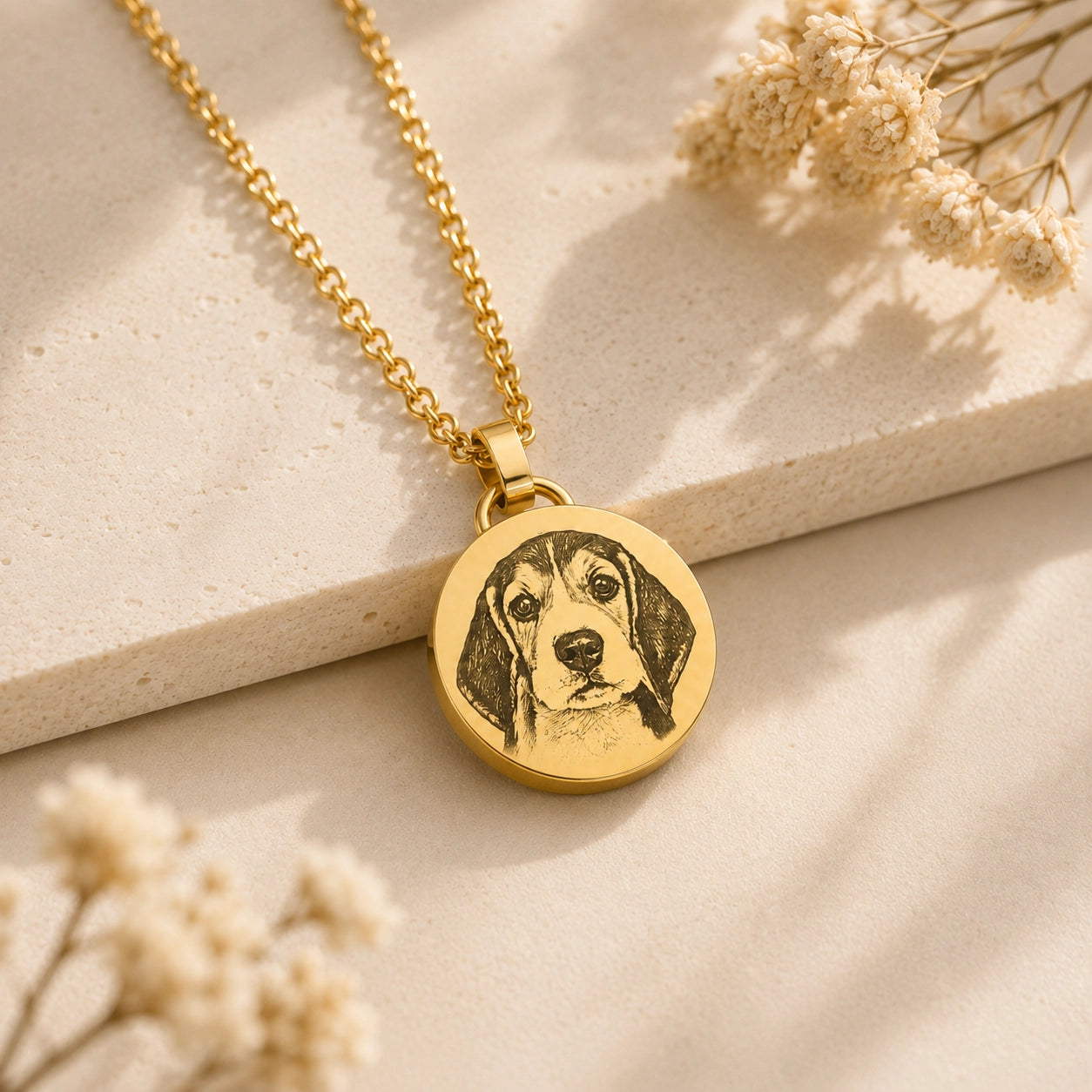Gold personalized dog portrait keepsake necklace with engraved pet image on a warm cream stone background